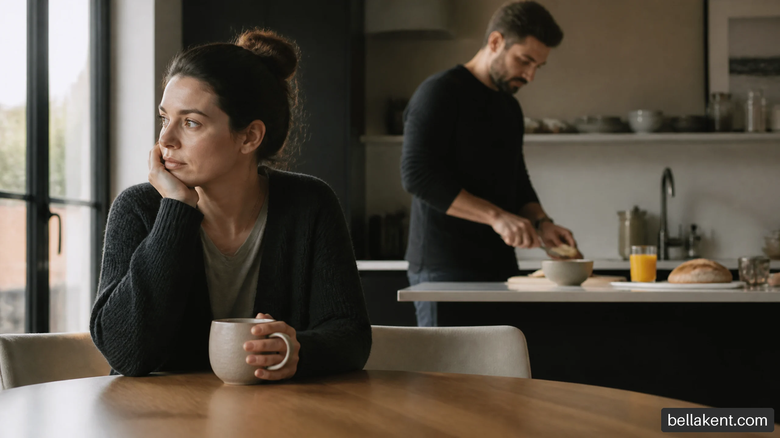 Woman sitting alone at a kitchen table while her spouse is nearby in the background, illustrating emotional loneliness in marriage.