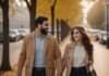 What Time Reveals About the Substance of New Love Two adults smiling at each other while walking along an autumn street.