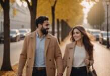 What Time Reveals About the Substance of New Love Two adults smiling at each other while walking along an autumn street.
