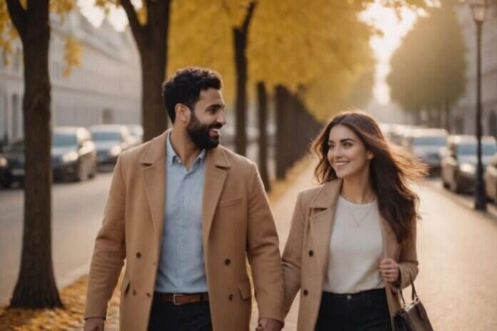Two adults smiling at each other while walking along an autumn street.