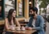 What Hookup Culture Gets Wrong About Emotional Timing Two adults smiling at each other across a cafe table with three white cups.