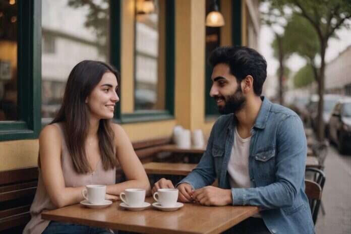 Two adults smiling at each other across a cafe table with three white cups.