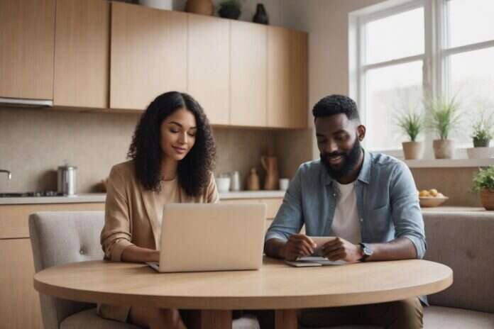 Two adults working together at a round kitchen table with a laptop and notebook.