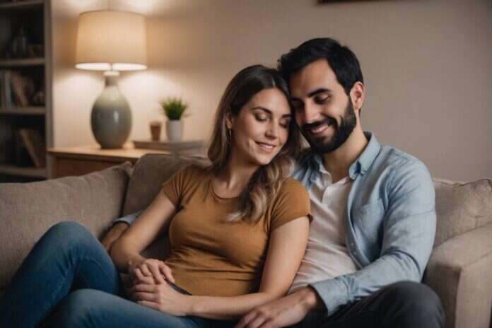 Two adults resting closely together and holding hands on a sofa.