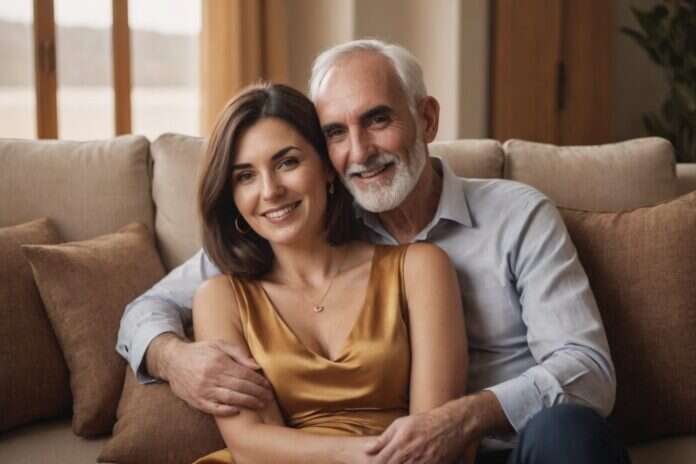 Two adults smiling and embracing while sitting together on a sofa.