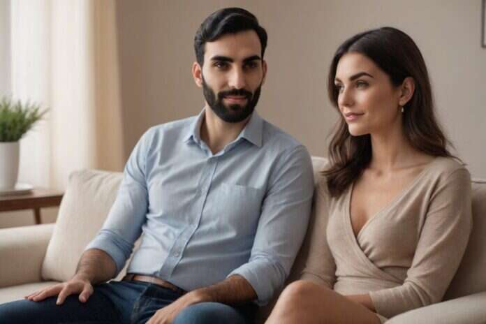 Two adults sitting side by side with relaxed postures on a sofa.