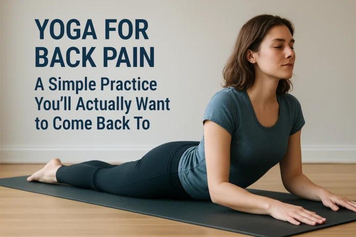 Woman practicing a gentle Sphinx yoga pose on a mat in a bright room for back pain relief