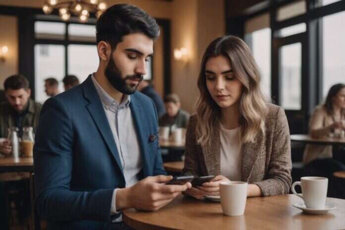 Two adults looking at a phone together across a cafe table with white cups.