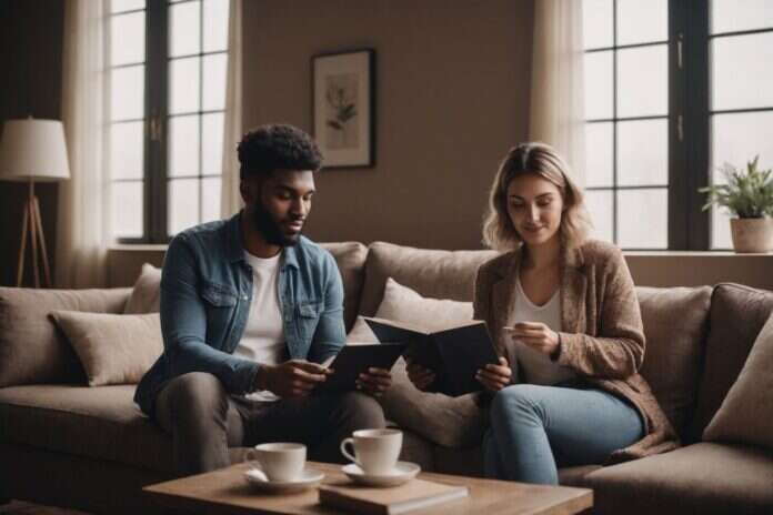 Two adults sitting together on a sofa while reading a plain notebook.