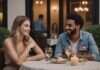 Beige Flags: The Dating Trend Explained—and Whether It Actually Matters Two adults smiling at each other across a restaurant table with wine glasses and a candle.