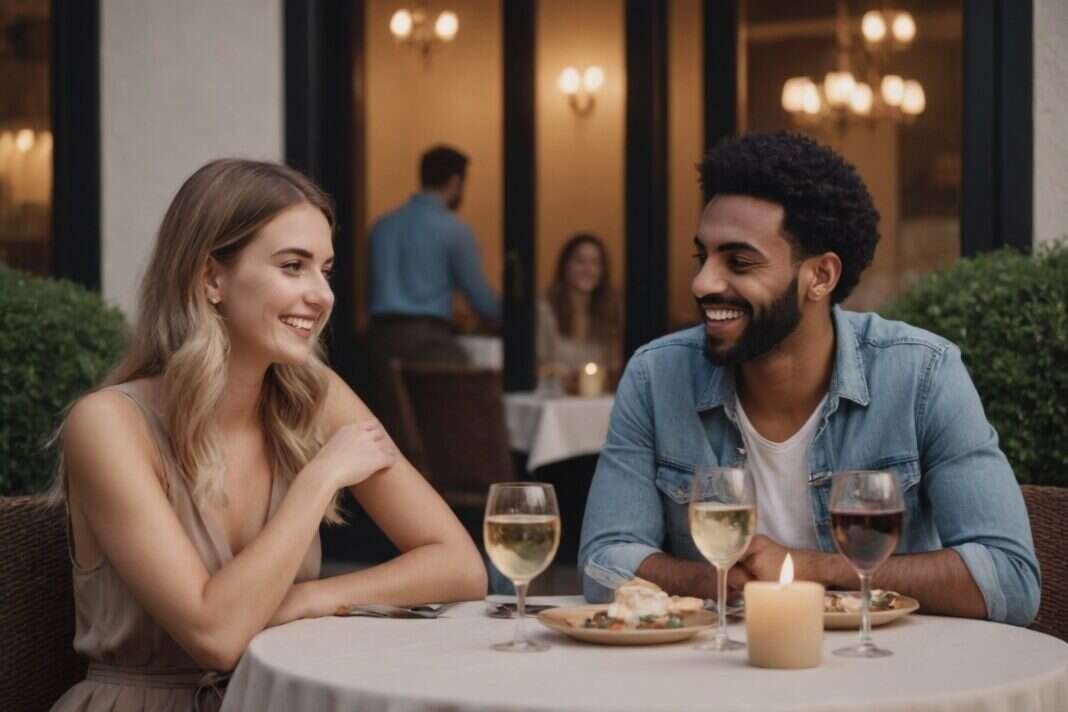 Two adults smiling at each other across a restaurant table with wine glasses and a candle.
