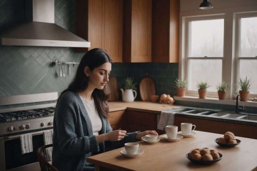Woman looking at her phone at a kitchen table with cups and pastries.