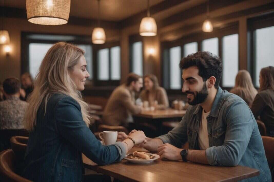 Two adults holding hands across a restaurant table Two adults holding hands across a restaurant table.
