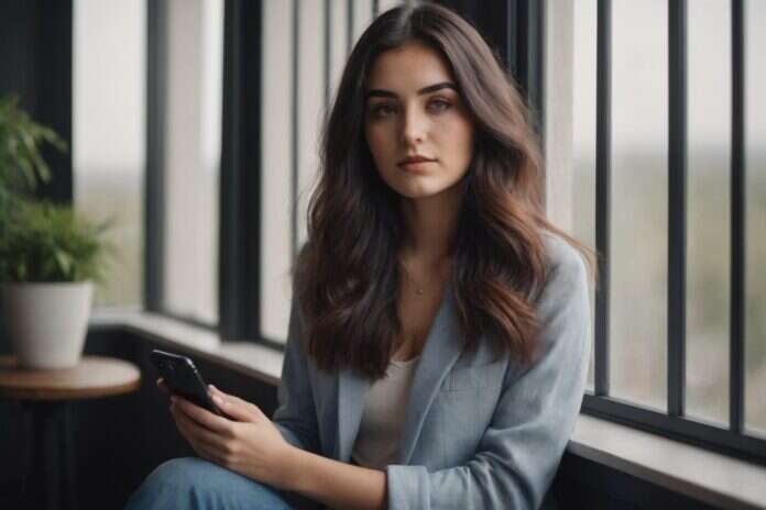 Woman with long dark hair holding a phone beside a bright window.