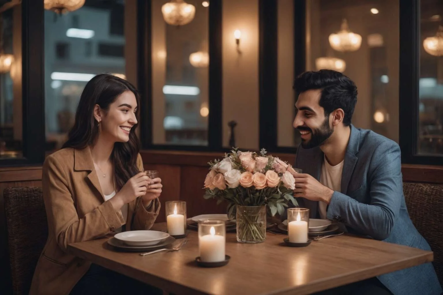 Two adults smiling across a restaurant table beside flowers and candles.
