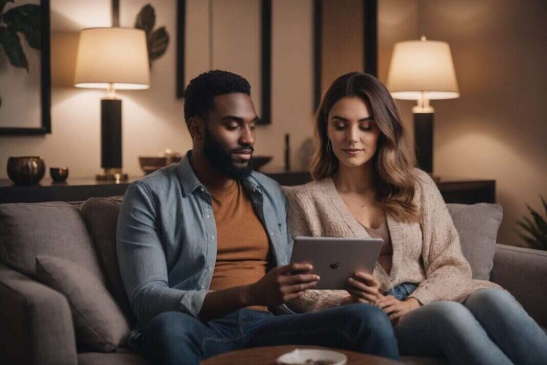 Two adults sitting closely together on a sofa while looking at a tablet.