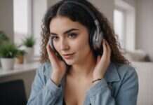 AI Dating Advice: What Actually Helps When Modern Dating Feels Exhausting Woman wearing headphones with one hand resting against an ear cup.