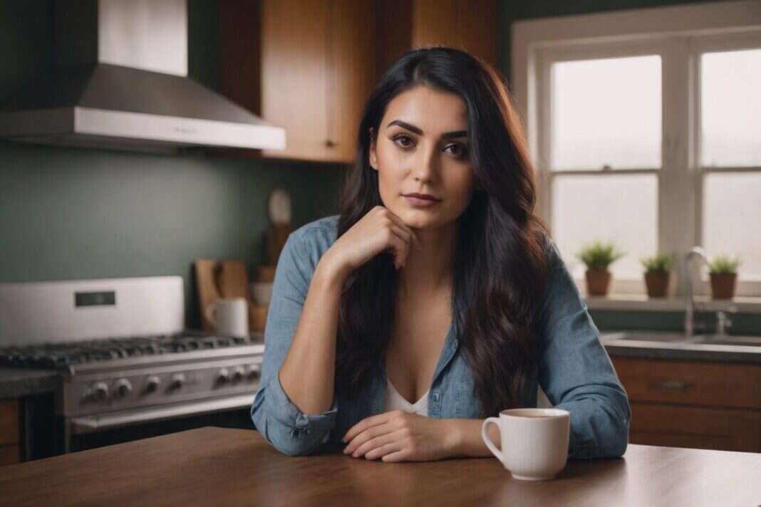 Woman resting her chin on her hand at a kitchen table beside a white cup Woman resting her chin on her hand at a kitchen table beside a white cup.
