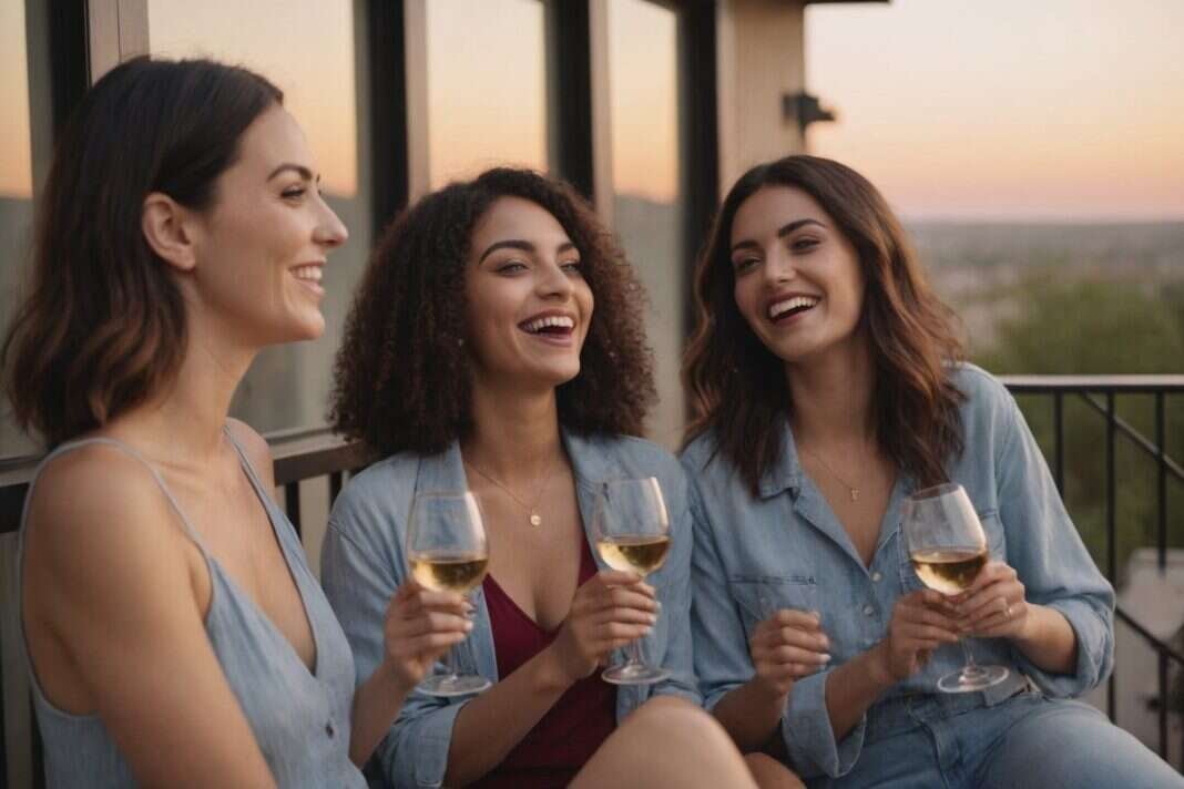 Three women smiling together on a balcony while holding wine glasses.