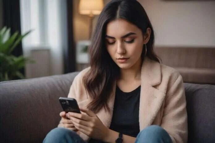 Woman looking down at her phone while sitting on a sofa Woman looking down at her phone while sitting on a sofa.