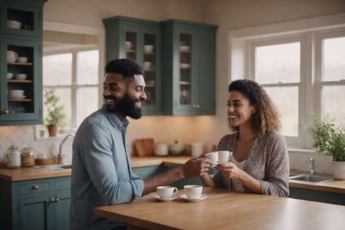 Two adults laughing together over plain cups at a kitchen counter.