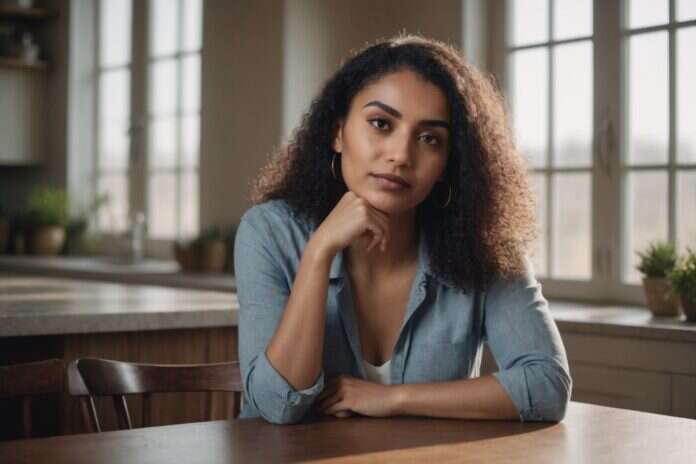Woman with curly hair resting her chin on her hand at a bright table Woman with curly hair resting her chin on her hand at a bright table.