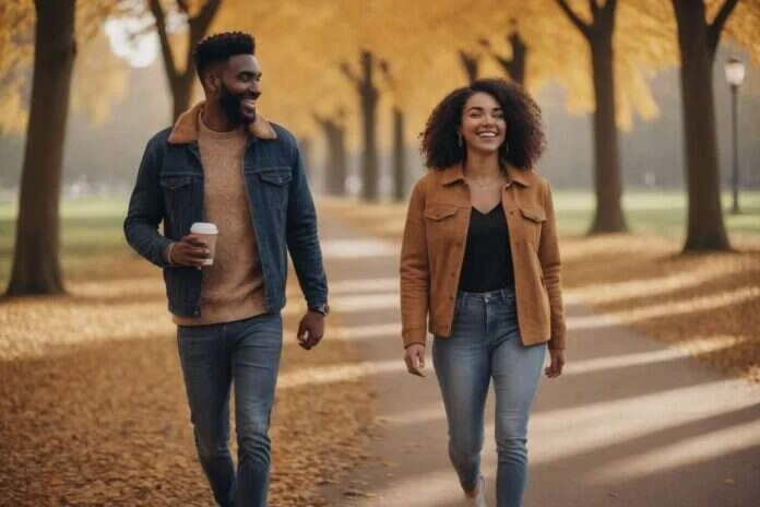 Two adults smiling while walking along an autumn park path with a takeaway cup Two adults smiling while walking along an autumn park path with a takeaway cup.