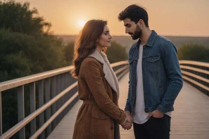 Two adults holding hands while standing on a bridge at sunset.