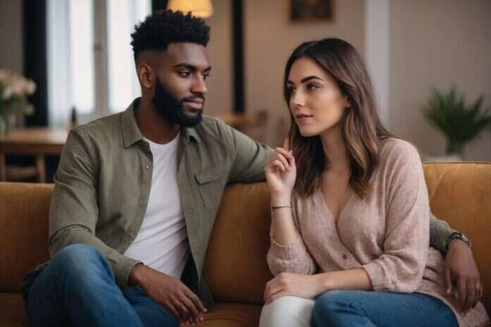 Two adults talking closely together on a sofa.