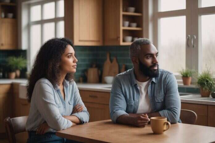 Two adults sitting at a kitchen table and looking in the same direction.