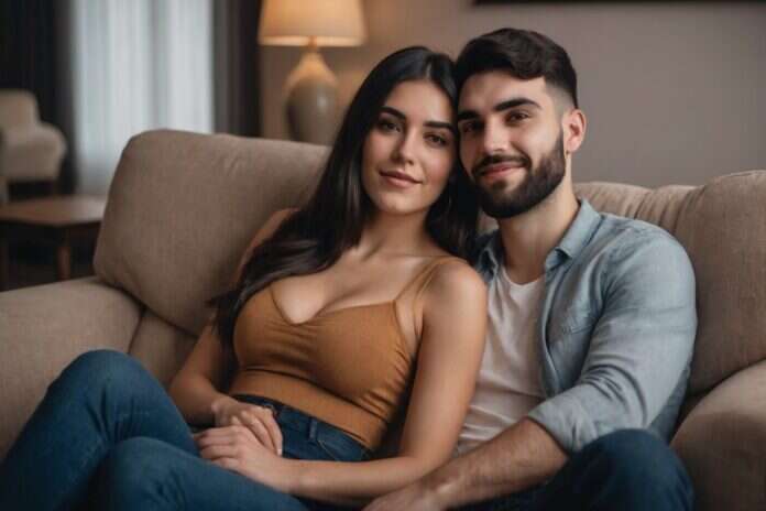 Two adults sitting close together and holding hands on a sofa.