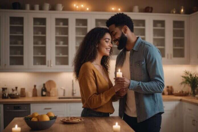 Two adults leaning their foreheads together while holding a candle in a kitchen.