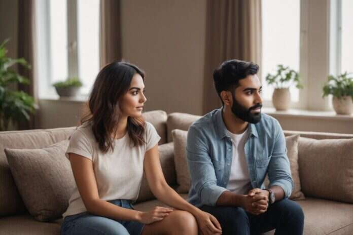 Two adults sitting together on a sofa and listening attentively.