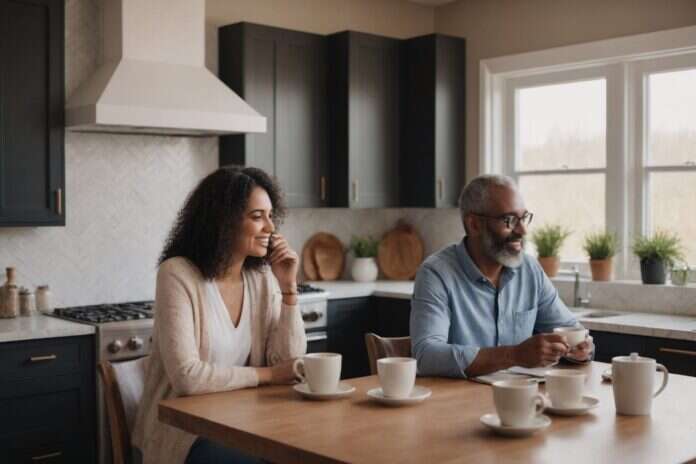 Two adults sitting at a kitchen table with cups, one looking at a phone.