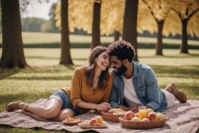 Two adults smiling closely together on a picnic blanket with fruit in a sunny park.