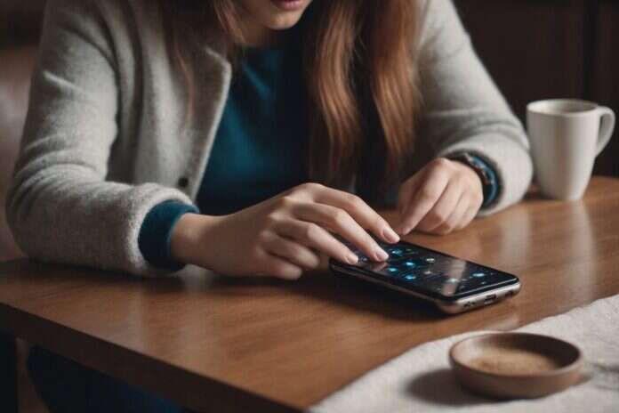 Close view of hands touching a phone screen on a cafe table beside a plain cup.