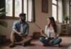How to Communicate in a Relationship without Arguing? What the Pattern Usually Means—and What to Do Next Two adults sitting cross-legged on a rug and talking together at home.