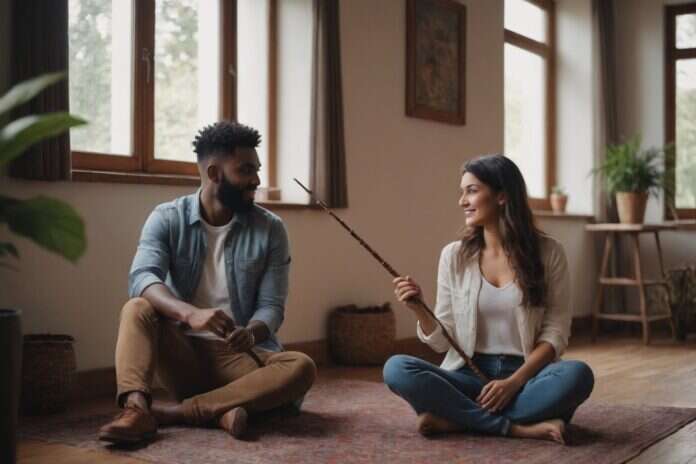 Two adults sitting cross-legged on a rug and talking together at home Two adults sitting cross-legged on a rug and talking together at home.