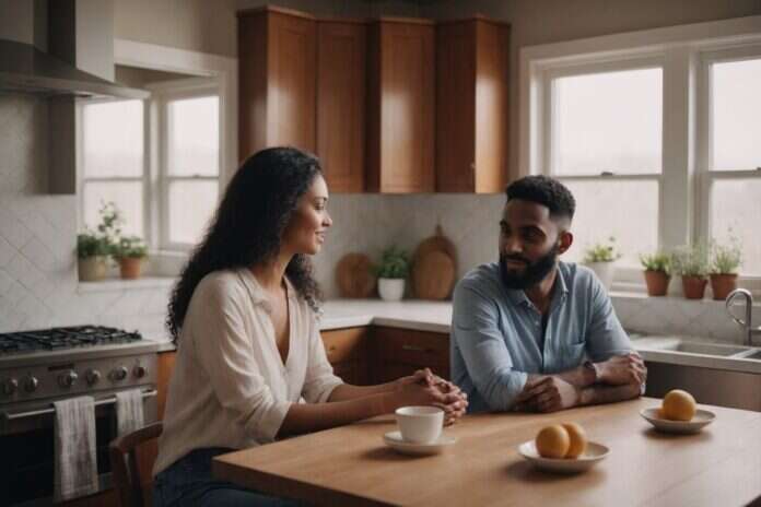 Two adults talking across a kitchen table with cups and fruit.