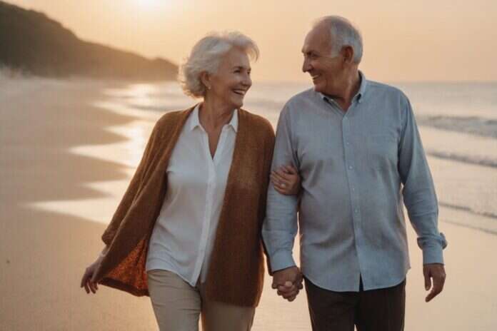 Two older adults smiling together while walking hand in hand along a beach at sunset Two older adults smiling together while walking hand in hand along a beach at sunset.