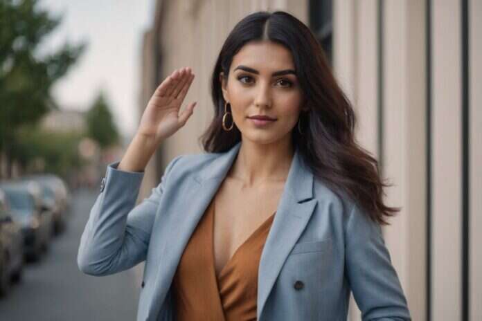 Woman in a blue blazer raising an open hand while standing beside a window.