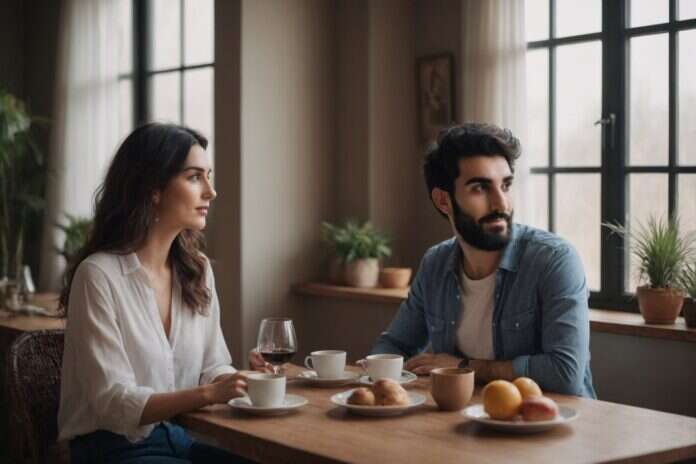 Two adults talking across a cafe table beside cups and pastries.