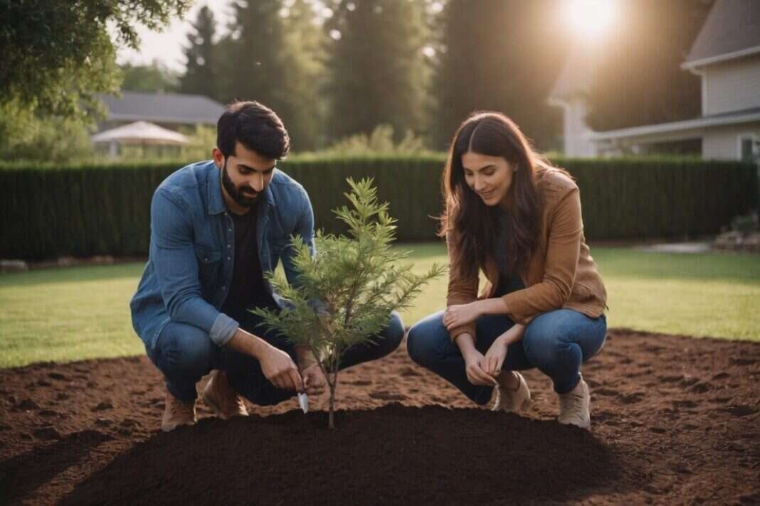 Two adults kneeling together to plant a small tree in a garden.