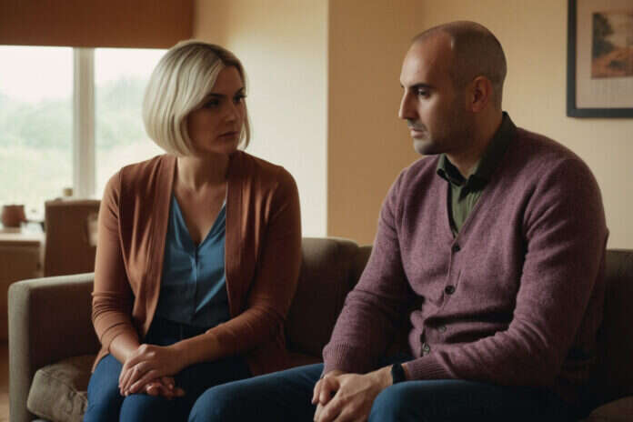 Two adults having a serious conversation on a sofa.