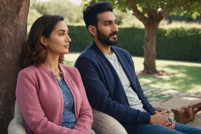 Two partners having a calm attentive conversation with comfortable space.