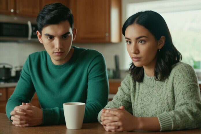 Two young adults talking at a kitchen table beside a plain mug.