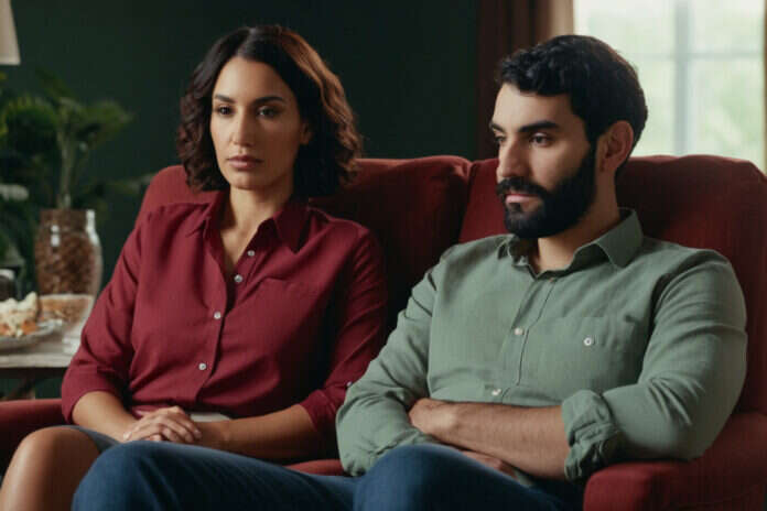 Two adults sitting thoughtfully together on a sofa.