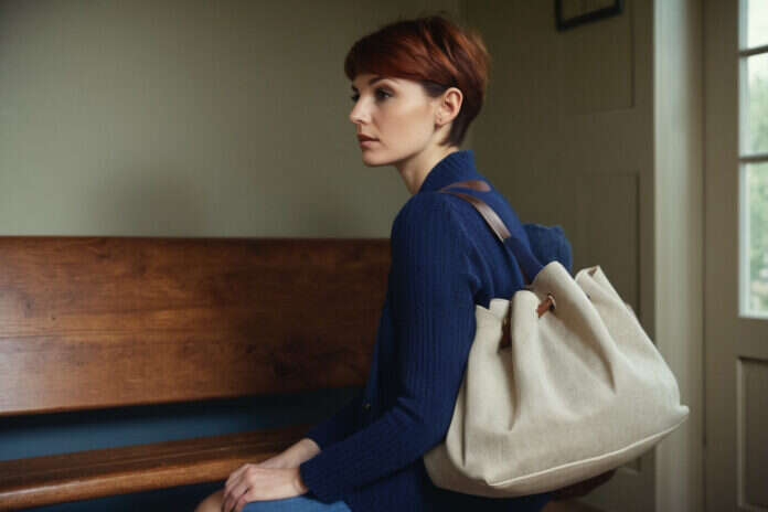 A woman with short auburn hair and a plain travel bag waiting on a bench.