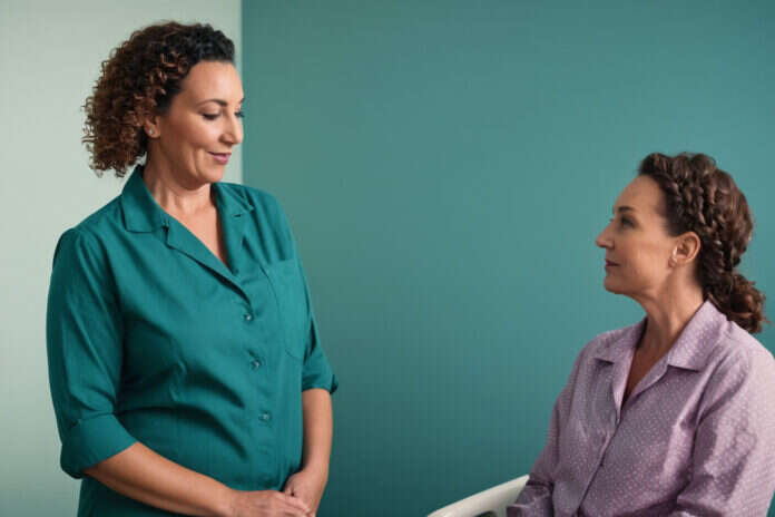 Two women discussing healthcare choices in a plain clinic room.