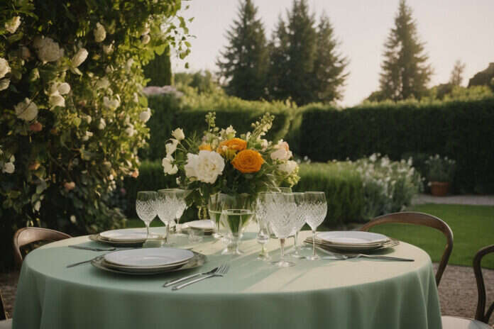 An outdoor wedding table with flowers and plain place settings.